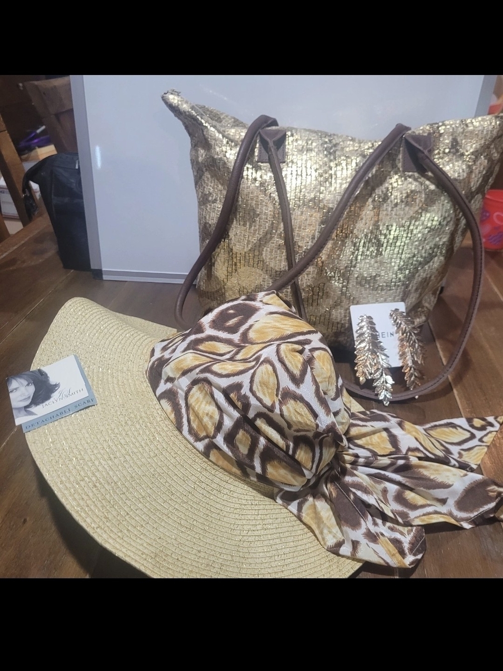Jaclyn Smith Straw Sun Hat & Gold Sequin Tote Bag Set w/ Statement Earrings